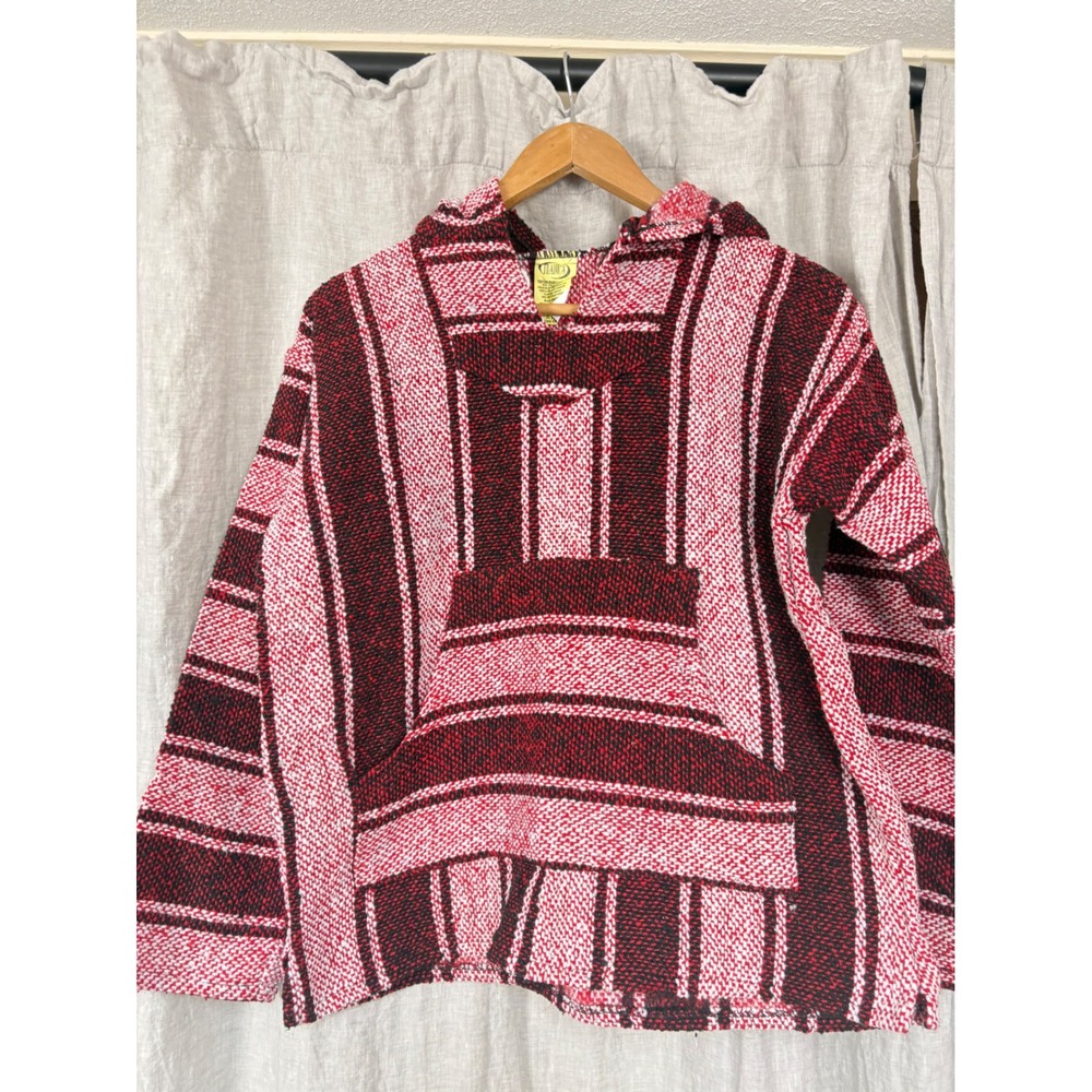 Frank's Textiles Red Striped Baja Hoodie Pullover Drug Rug Mexico Small S